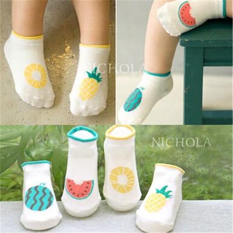 Calcetines de algodón con dibujos animados para niños y niñas, suaves, antideslizantes, con dibujos de sandía, piña, fruta, talla 0 a 4 años,