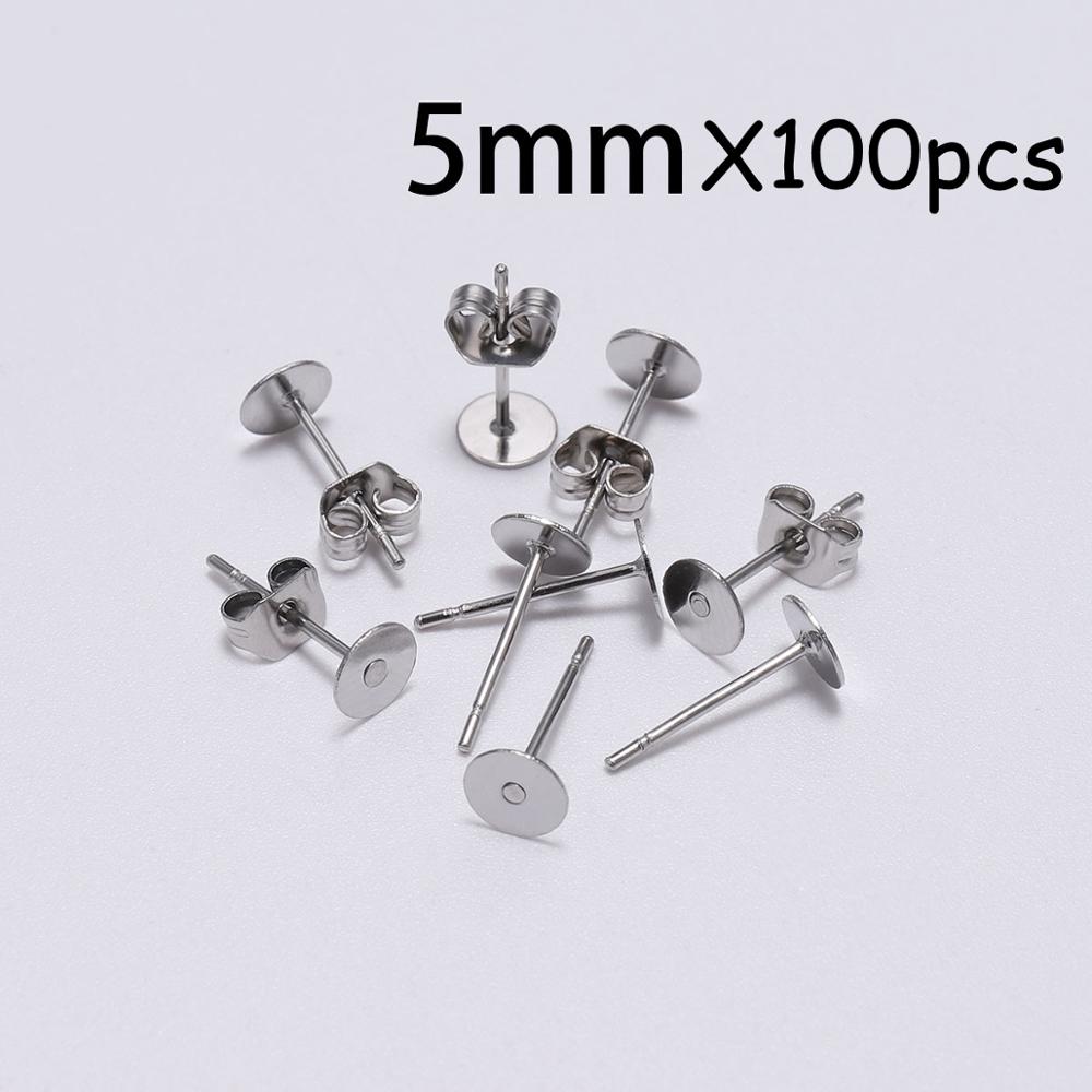 Lote de pendientes de poste de acero inoxidable blanco, 100 unidades, pasadores de Base con tapón para pendientes, reverso de oreja para joyería DIY, soporte de cabujón: 5mm X 100pcs