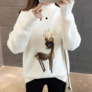 Søt genser koreansk reinsdyr stygg julegenser dame vinter varme gensere fluffy kashmir genser høyhalset genser genser: Søt genser / L