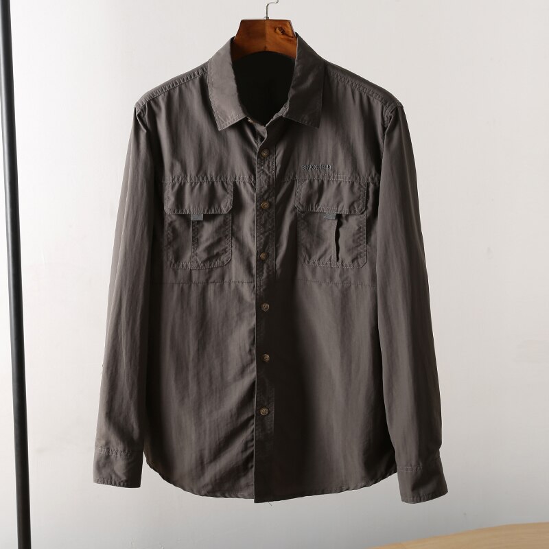 Chemise à manches longues et revers pour homme, nouvelle chemise américaine à séchage rapide, tissu imperméable d'extérieur, printemps et automne: Gray / L