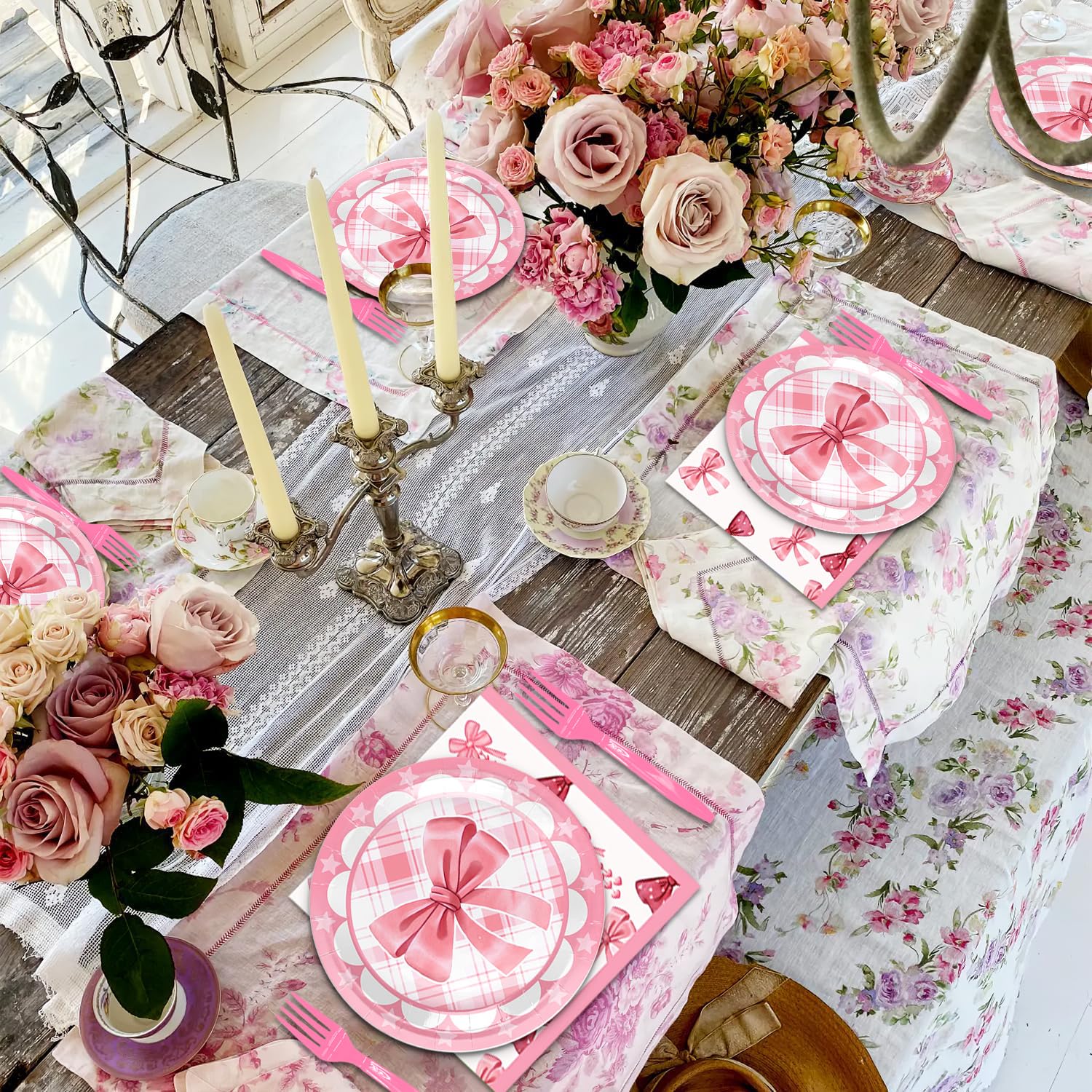 Lyserød sløjfe fødselsdag engangsservice sløjfe paptallerken kop serviet sugerør lyserød sløjfe brudeforlovelse bryllup polterabend dekoration