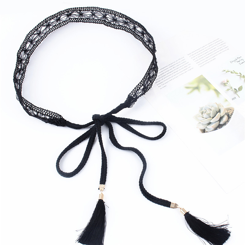 Cinturón de cintura de encaje trenzado para mujer, cinturón de cintura calado, decoración de falda, cinturón con borlas, tejido torcido, cuerda de nudo