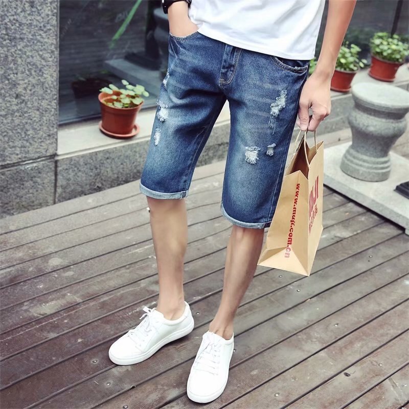 Heren Shorts Top Rechte Mannen Korte Jeans Gat Losse Jeans Ripped Denim Broek Gerafeld Mannen Knie lengte Jeans
