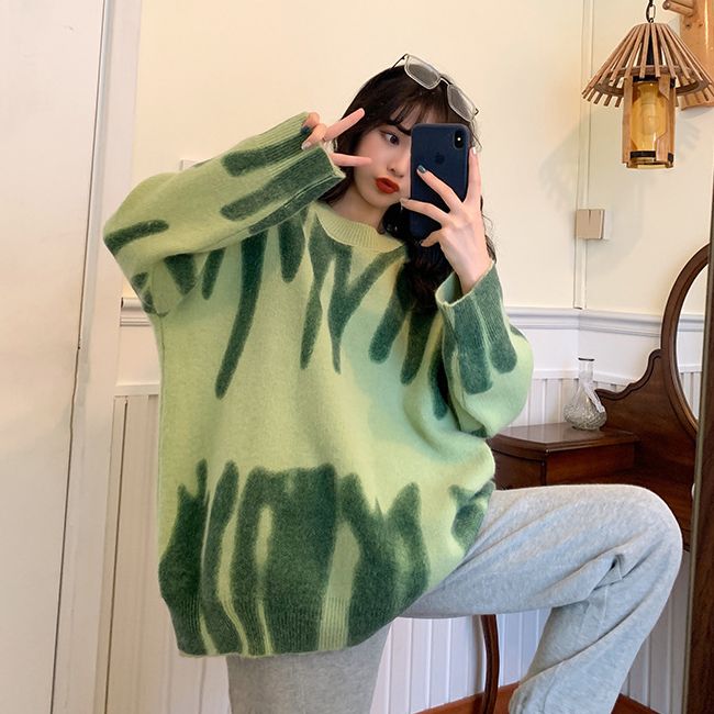 Oversized Sweater Green Pullover Women Knitted Sweater Loose Tops Winter O-Neck Harajuku Sueter Mujer pull Tie Dye Outerwear