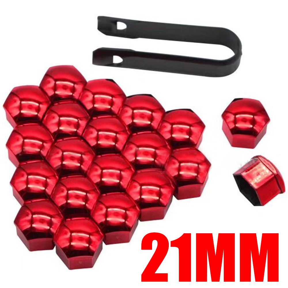 20pcs/set 17/19/21mm Universal Wheel Nut Bolt Cover Cap Exterior Decoration Protecting Bolt + Removal Tool Red/Blue: red 21MM