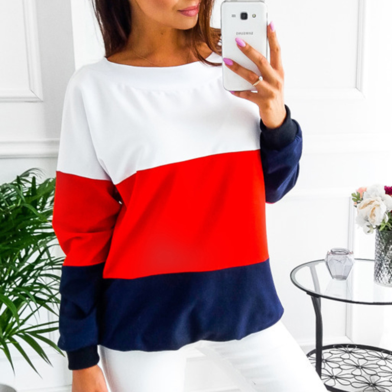 Female Pullovers Tops Sport Colors Patchwork Women O-Neck Sweatshirts Back Lace-up Long Sleeve Tennis T-Shirt