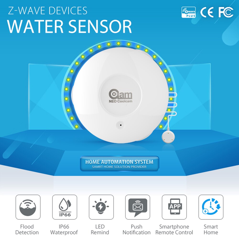Sensor de inundación NEO COOLCAM NAS-WS02Z z-wave Compatible con sistema de ondas Z serie 300 y Serie 500 domótica