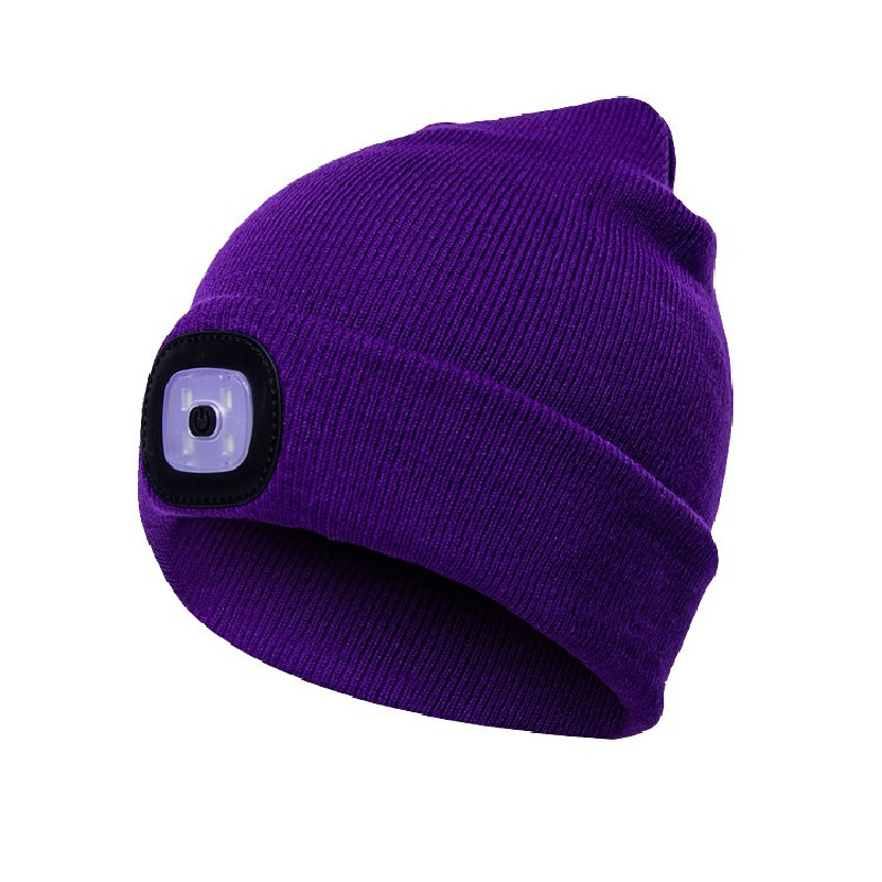 Gorros para hombre, gorro de punto liso con iluminación LED, boinas estilo Hip-Hop, gorros de lana cálidos portátiles para mujer,: Morado