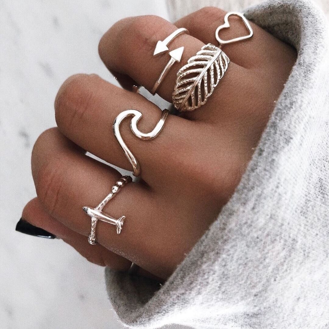 Bohemian Rings For Women Antique Silver Color Angle Anel Knuckle Gothic Punk Initial Ring Set Boho Jewelry Anniversary Gif: 1