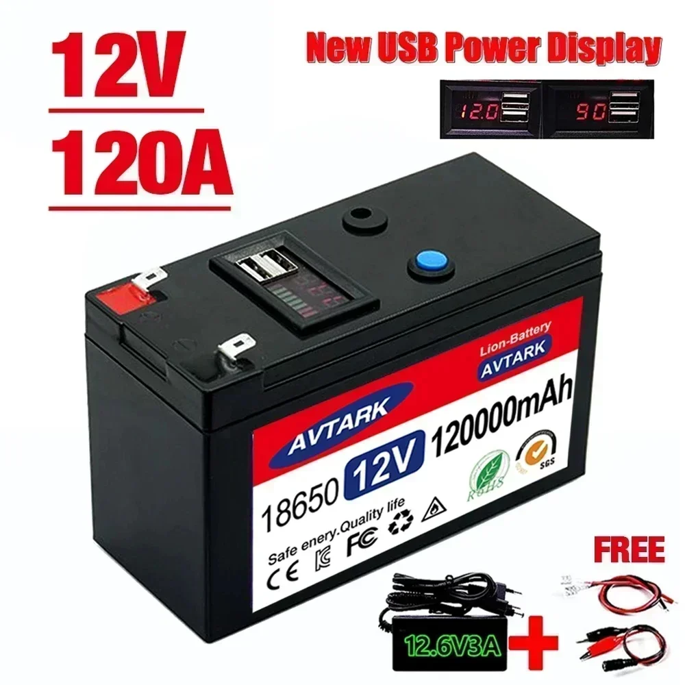 NEUER 12-V-Akku 120 Ah 18650 Lithium-Akku Wiederaufladbarer Akku für Solarenergie-Elektrofahrzeugbatterie + 12,6 V 3 A Ladegerät
