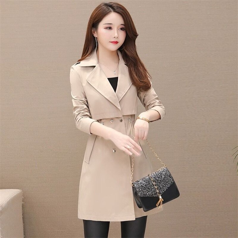 Mid-length Women's Trench Coat Suit Collar Korean Long Sleeve Drawstring Windbreaker Female Outwear Pink H131: Khaki / M