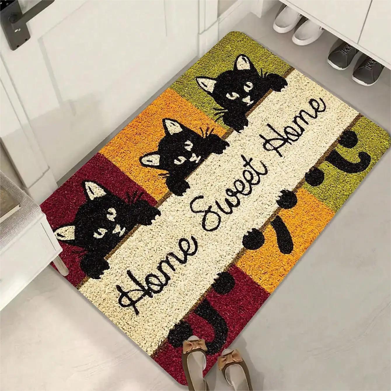 Alfombrilla antideslizante con patrón de gato para puerta de entrada, Felpudo de bienvenida para baño y cocina, alfombra lavable para dormitorio, decoración del hogar, alfombra pequeña: 50cmx180cm / Rojo