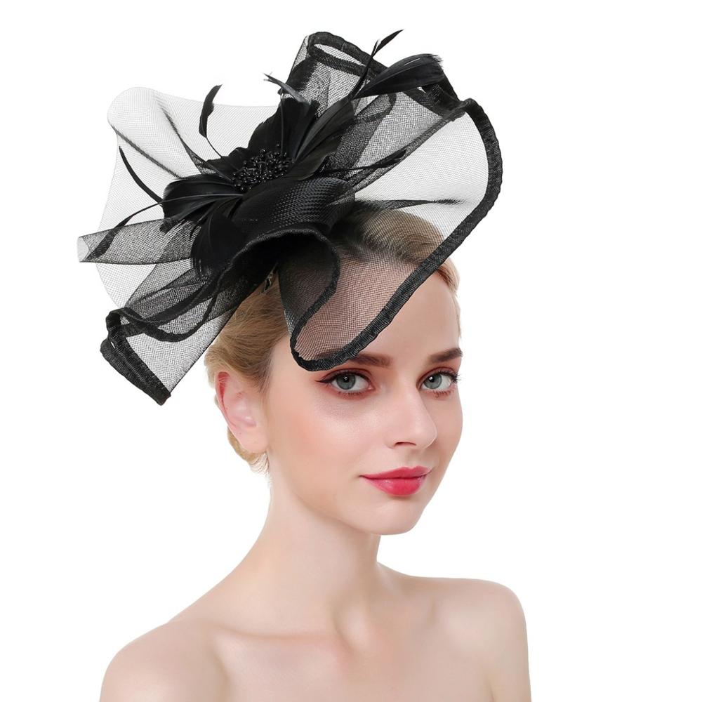 Sombrero de malla de plumas Fascinator para mujer, , diadema de flores grandes, Clip, boda, novia, de té, iglesia, novedad de