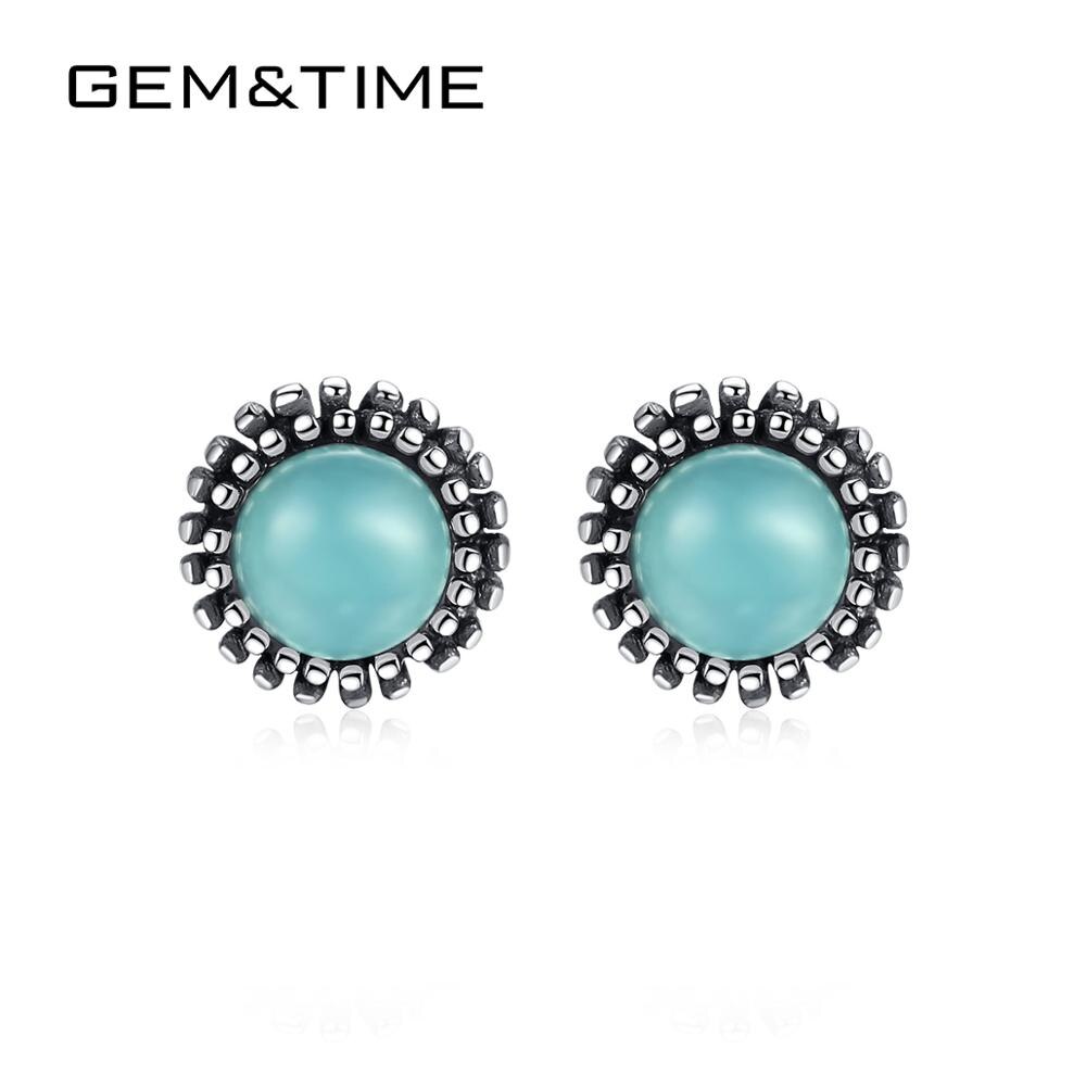 Gem & Tijd Retro Thaise Zilveren Bloem Turquoise Stud Oorbellen Voor Vrouwen Kraal Ronde Oorbellen Fijne Jewelrt Aretes De Mujer SE0422