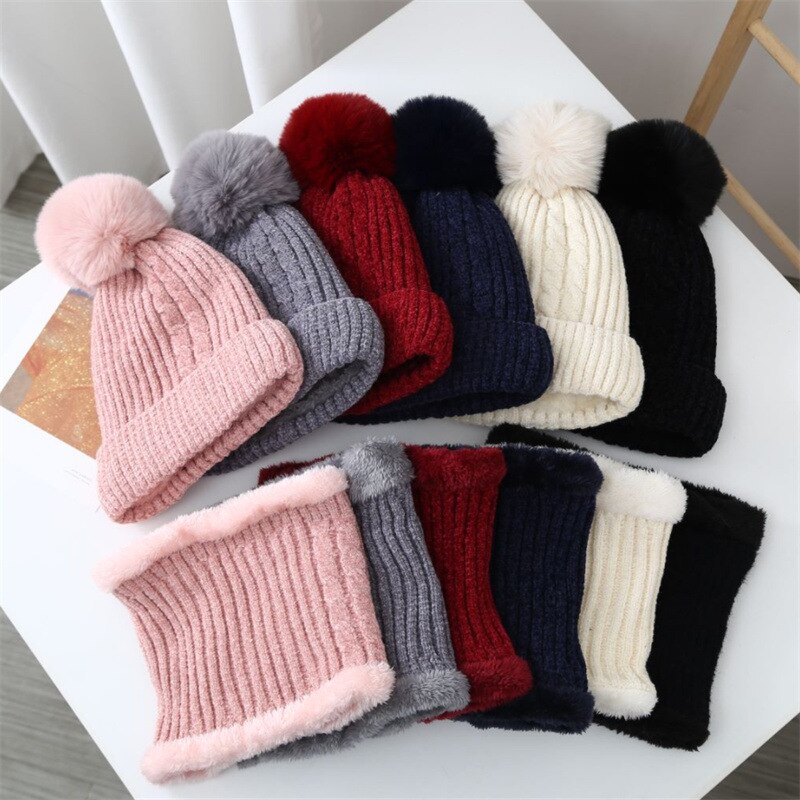Autumn Winter Chenille Cute Beanies Hat Bib Sets Women Velvet Thick Knitted Hats Windproof Cycling Wool Knitting Caps