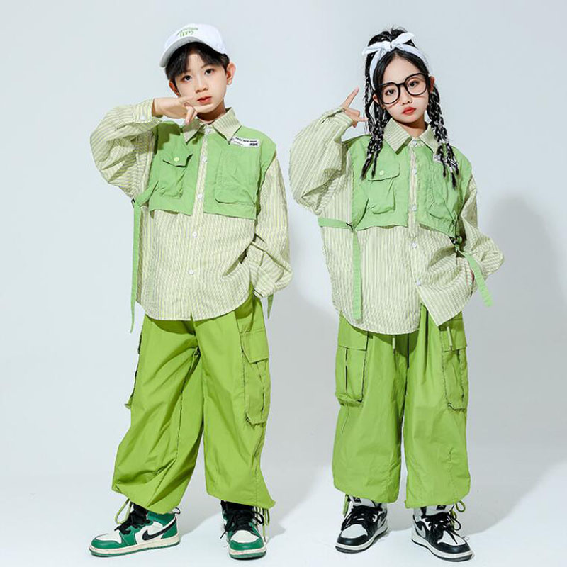 Camisa verde de gran tamaño con cordones para niños, pantalones Cargo informales para correr, ropa de calle de Jazz, disfraz de baile, Hip Hop