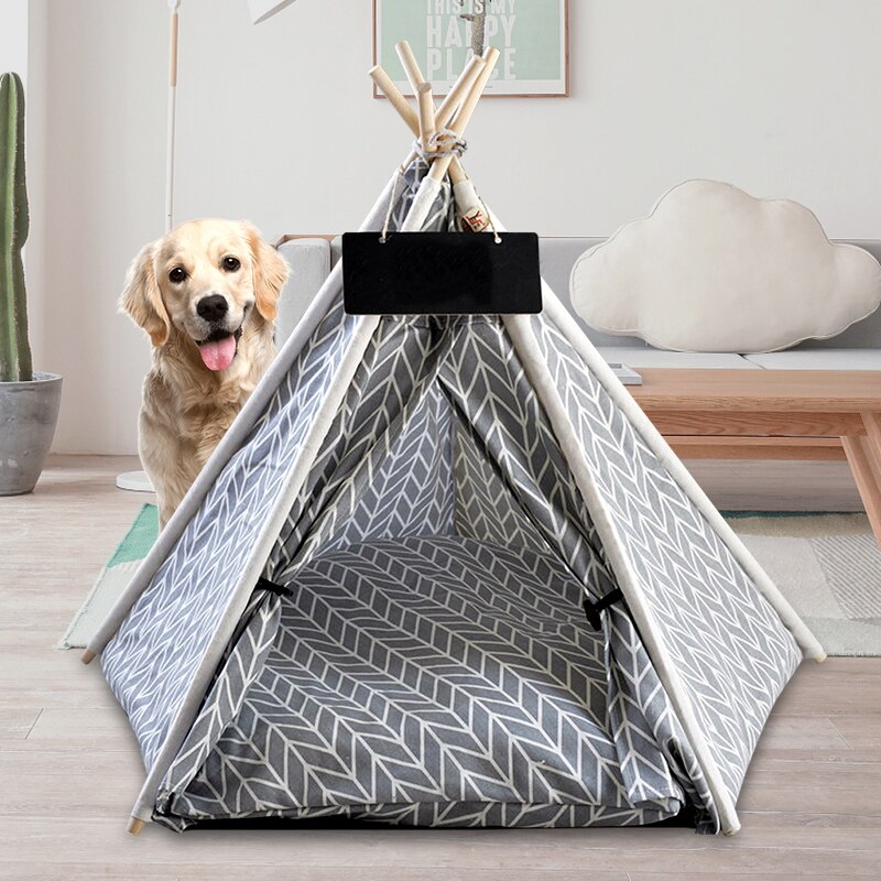 Kæledyr kat hund tipi med pude og tavle, bærbare hundetelte og kæledyrshuse, trælærred tipi fold kæledyr telt små dyr seng