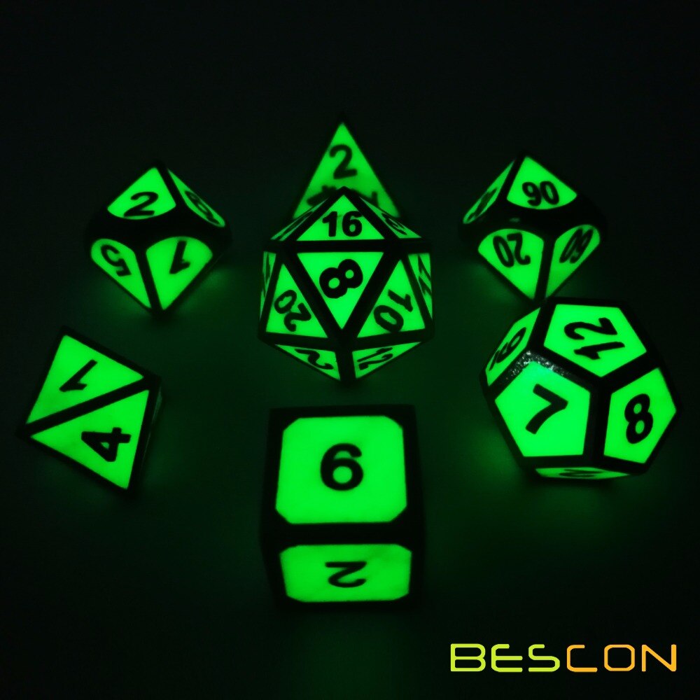 Bescon Super Glow In The Dark Metal Polyhedral D & D Dobbelstenen Set Van 7 Lichtgevende Metallic Rpg Rollenspel game Dice 7 Pcs Set D4-D20