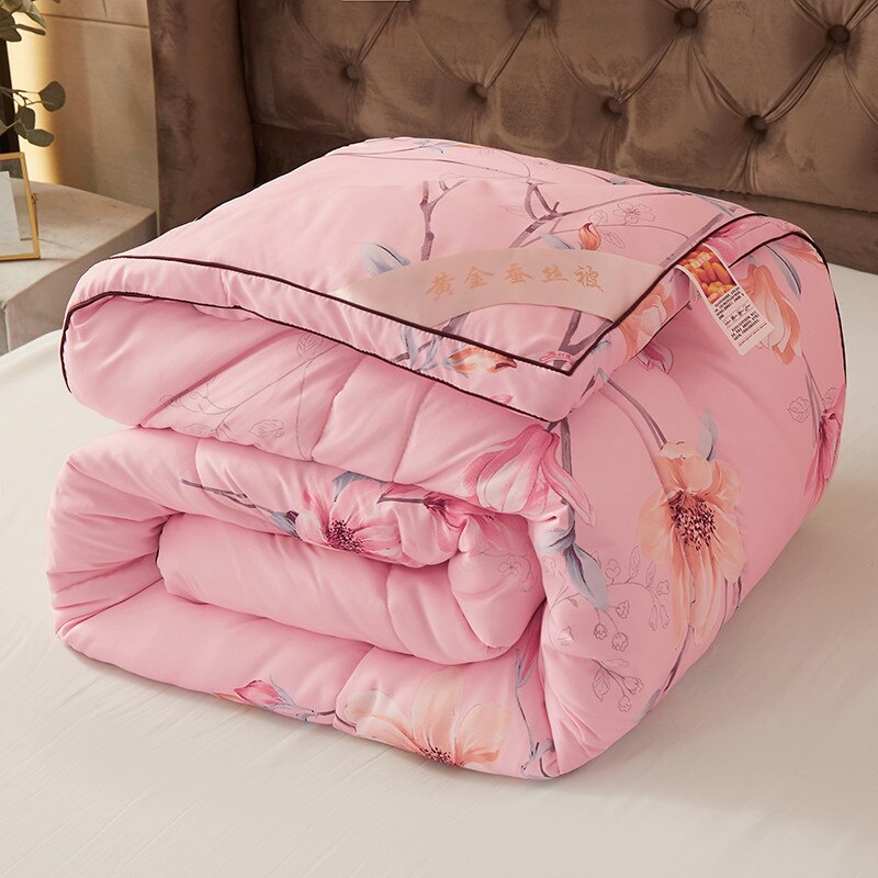 High Grade Winter Chinese Long Mulberry Silk Quilt Handmade 4 Season Silk Comforter Blankets Cotton Fabric Cove: 180x220cm 2.5kg / Pink