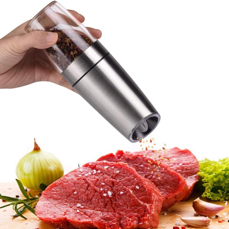 Elektrisk saltpepparkvarn, automatisk pepparkvarn och saltkvarn, bekväm justerbar malningsgrovhet (svart, silver)