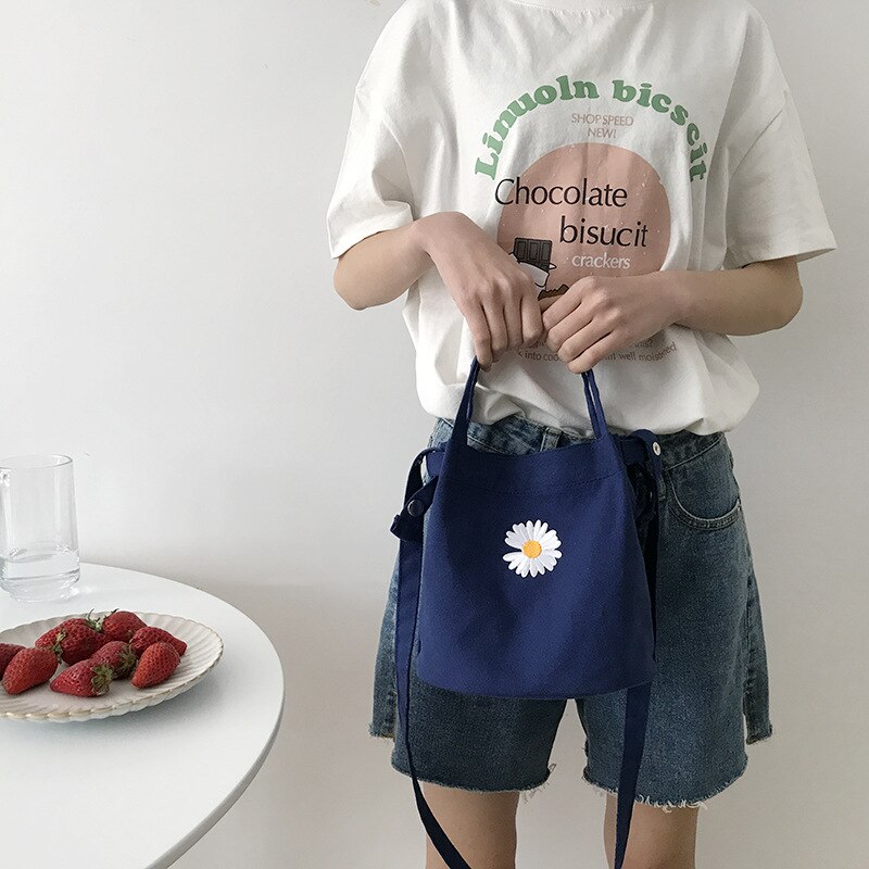 2020Gänseblümchen Stickerei Frauen Mini Leinwand Umhängetasche Kleine Handtasche Totes Damen lässig Jahrgang Geldbörse Tuch Eimer Tasche Für Mädchen: Marine