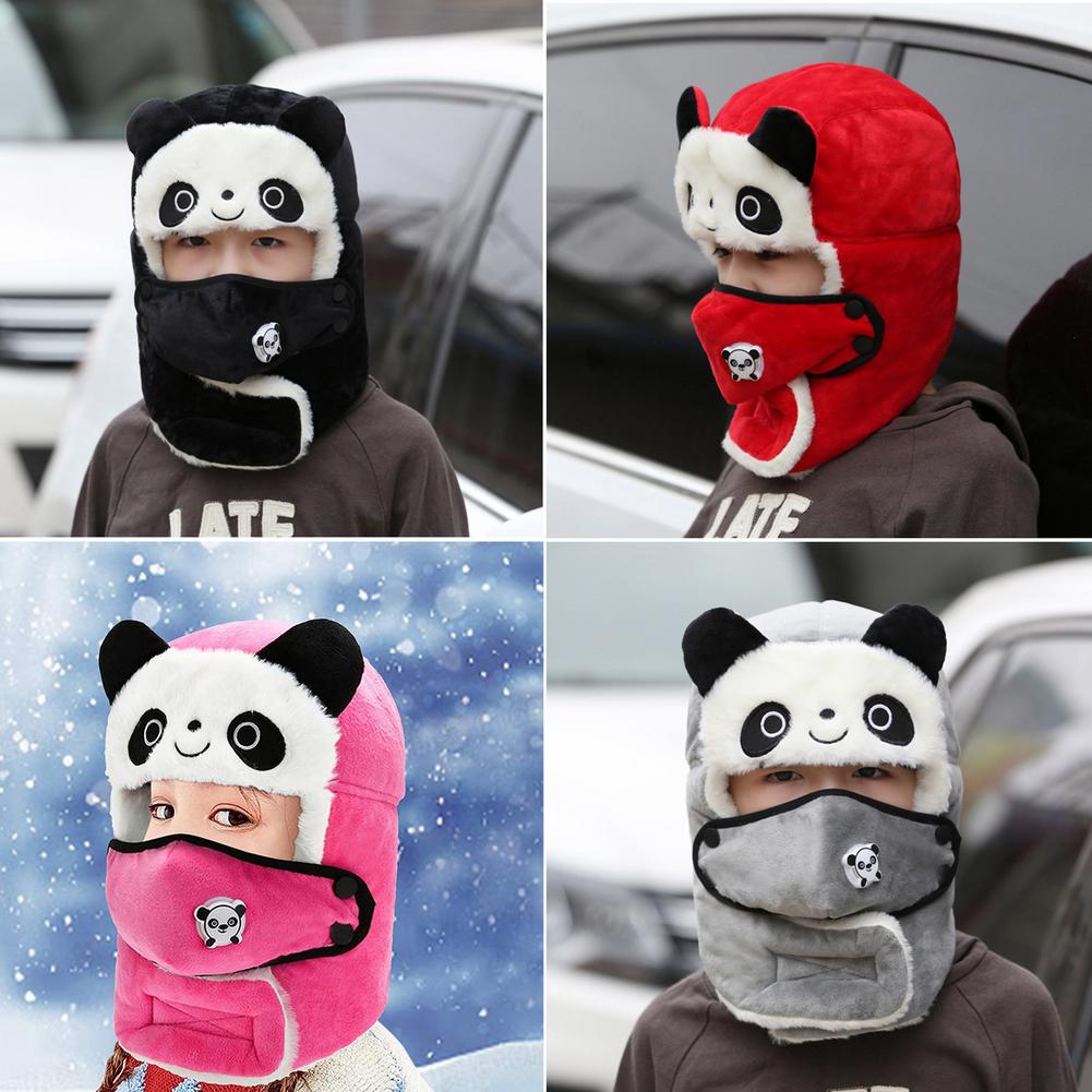 Winter Warm Fleece Hat Cute Cartoon Panda Windproof Face Cover Hat For Kids Adult Outdoor Cycling Hiking Skiing Caps Balaclava