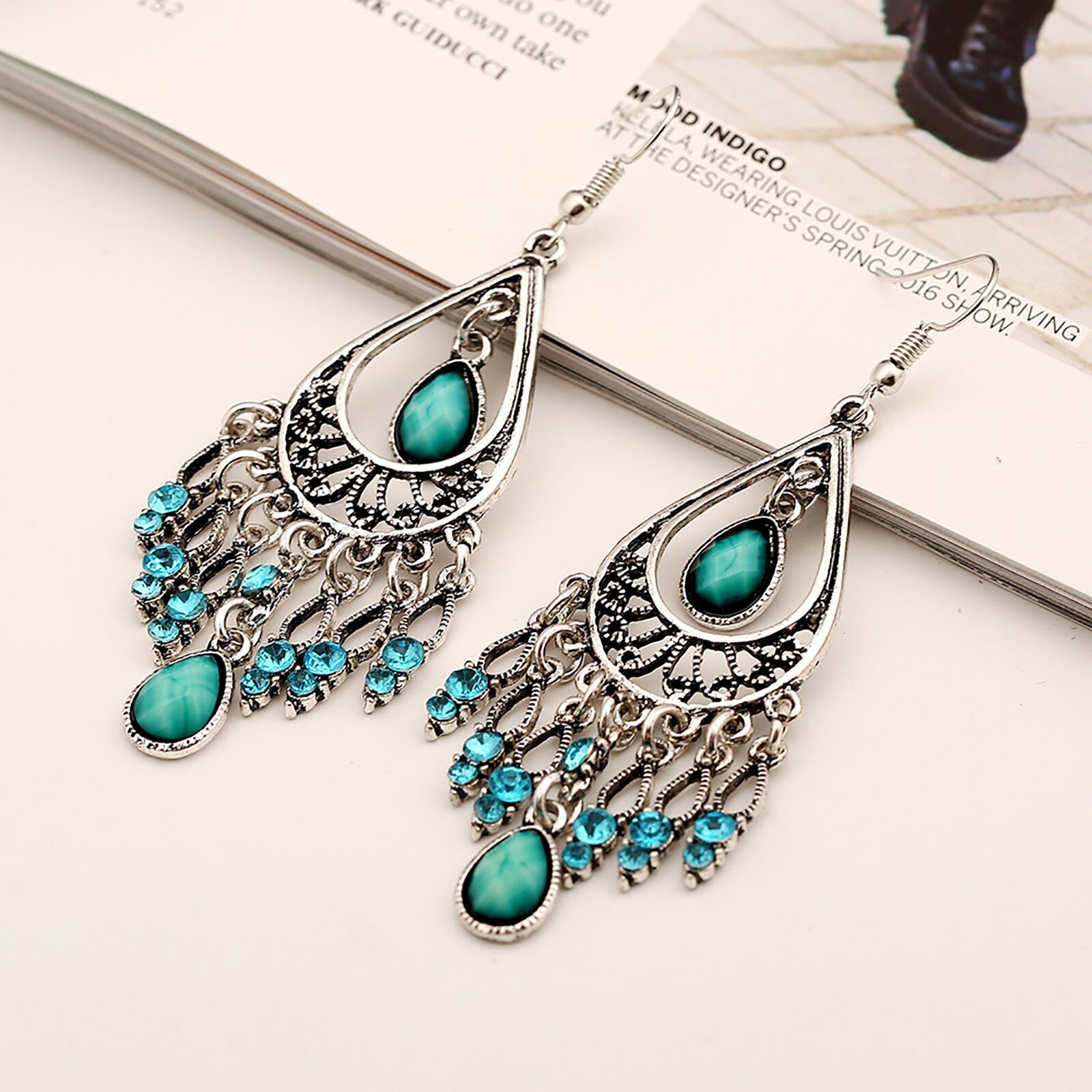 Pendientes de borla con piedra preciosa en forma de gota para mujer, aretes, estilo bohemio, Vintage, tallado, para ,
