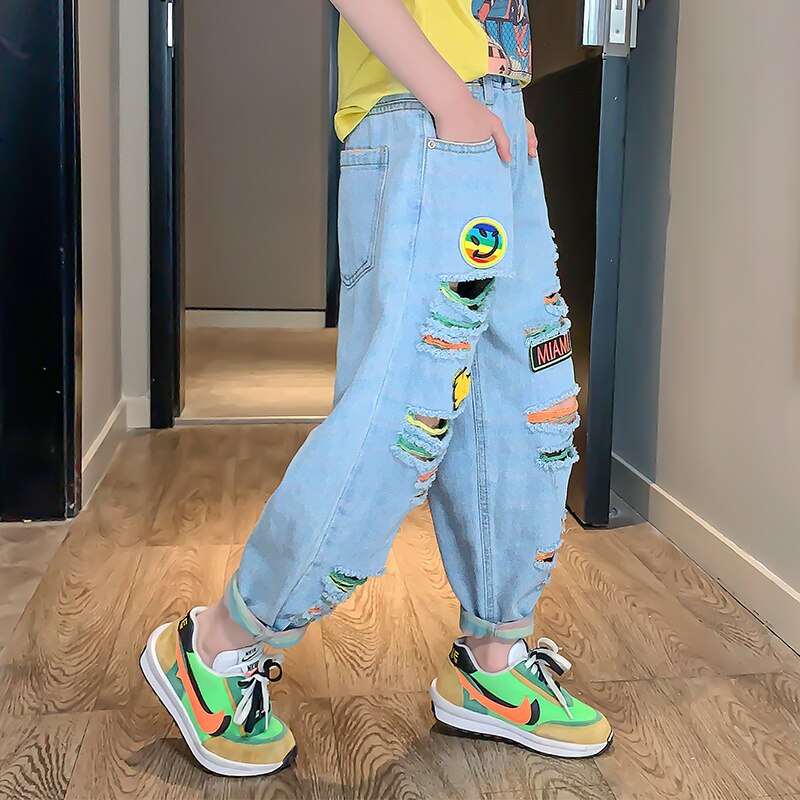 Couleur d'été déchiré pantalon 3-13 ans vêtements pour enfants pour fille taille élastique régulière décontracté filles jean lettre pantalon