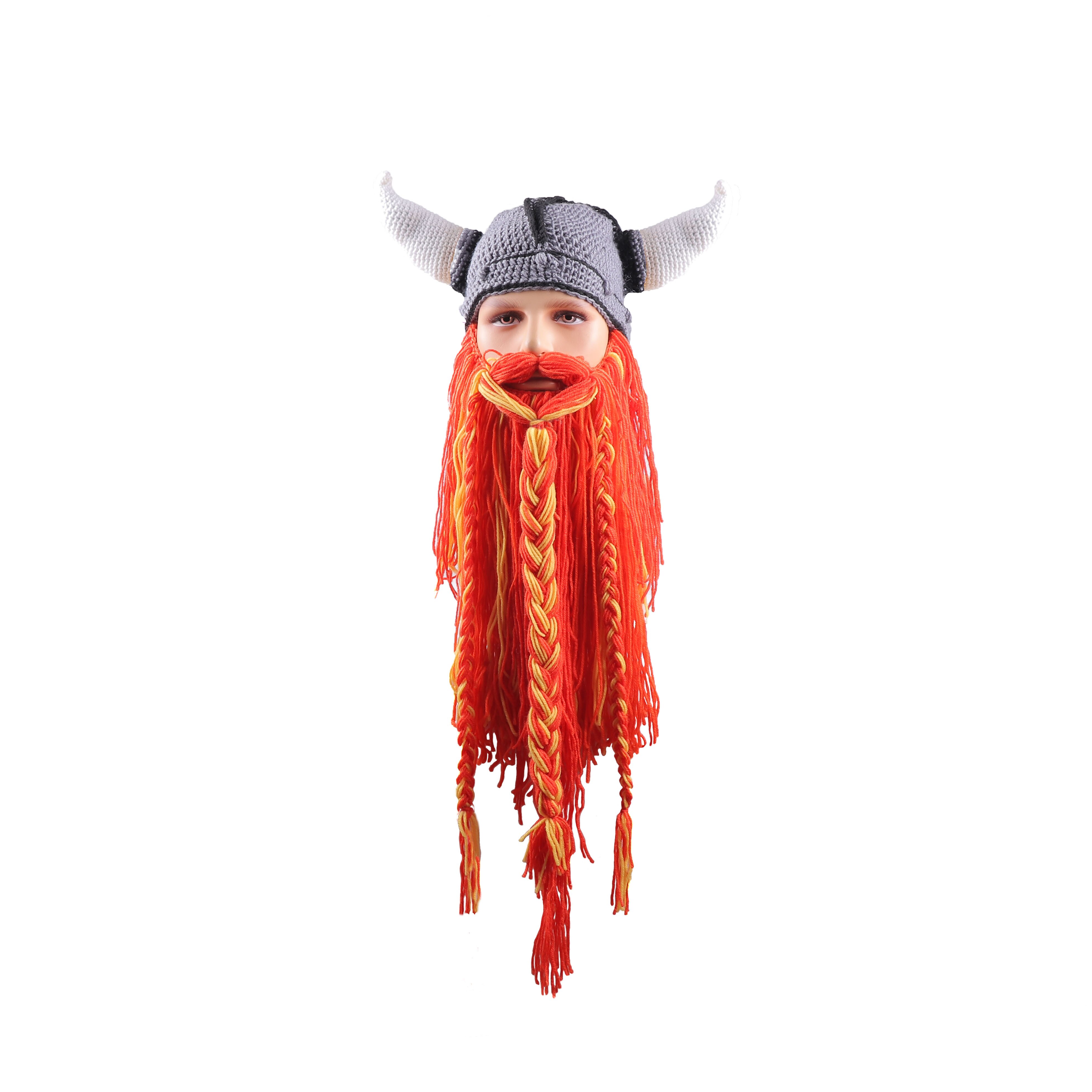 Men's Barbarian Vagabond Viking Beard Beanie Horn Hats Handmade Knitted Winter Warm Caps Funny Halloween Mask Cosplay H9