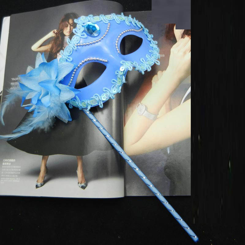 10pcs Sexy Prom Wedding Party Mask Women Costume Venetian Cosplay Masquerade Dance Handheld Sticks Flower Decoration on Stick: blue