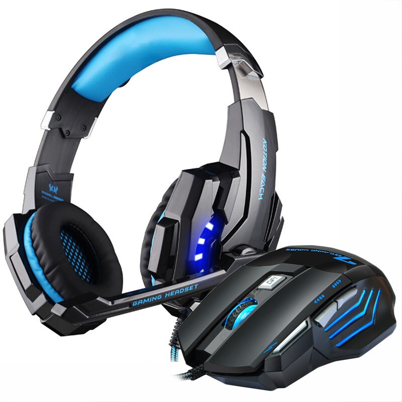 Gaming Headphones Headset wired Stereo with microphone big Earphone +Gaming Mouse 5000 DPI Mice Wired USB for PC Pro Gamer: G9000 blue mmr3