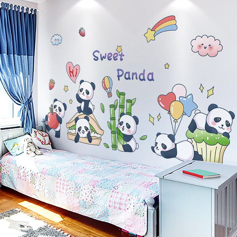 Black Pandas Animals Wall Stickers DIY Cartoon Bamboo Balloons Wall Decal for Kids Room Baby Bedroom Nursery Home Decoration