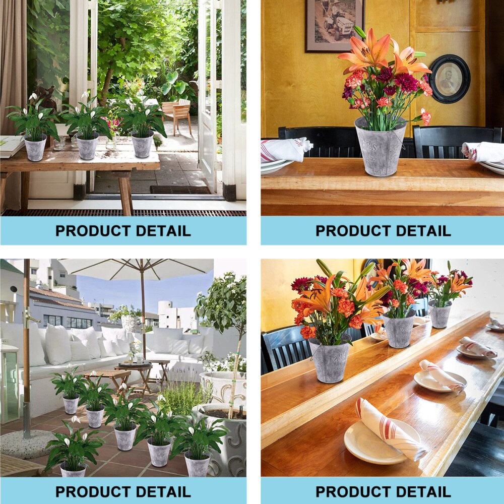 Garden Wrought Iron Pail Simulation Round Iron Bucket Flower Pot Metal Flower Bucket for Home - Size L(Light Grey)