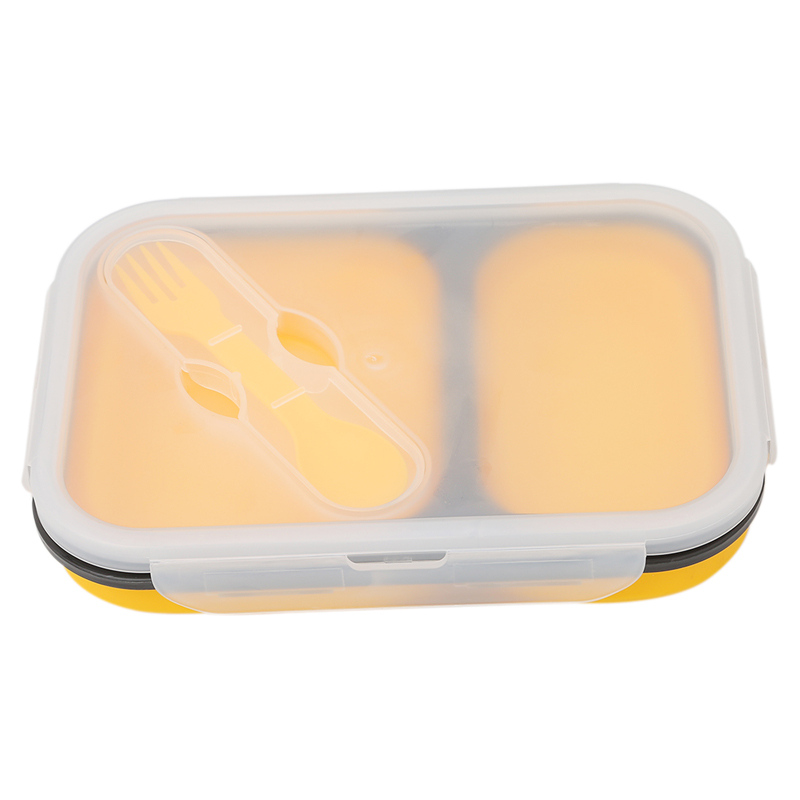 2 cellen Silicone Inklapbare Draagbare Bento Box 900ml Magnetron Kom Vouwen Voedsel Opslag Lunch Container Servies Set: Geel