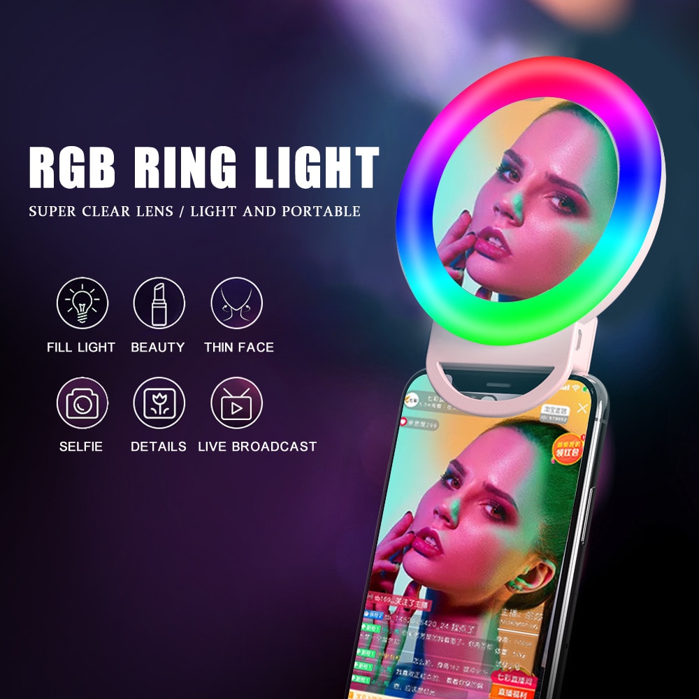 Rgb selfie ledリングライトサークルミニ携帯電話のためにライトランプ電話充電式クリップオンメイクミラー補助光