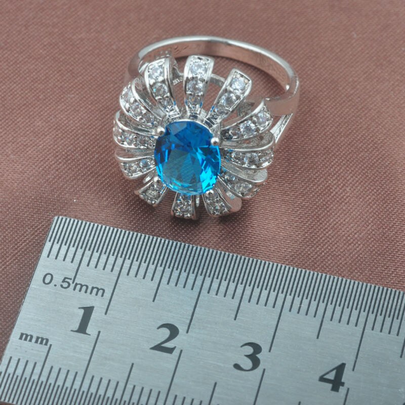 Hemelsblauwe zirkoon zilverkleurige sieraden sets dames snuisterijen trouwsieraden ring ketting en oorbellen set  tz0471