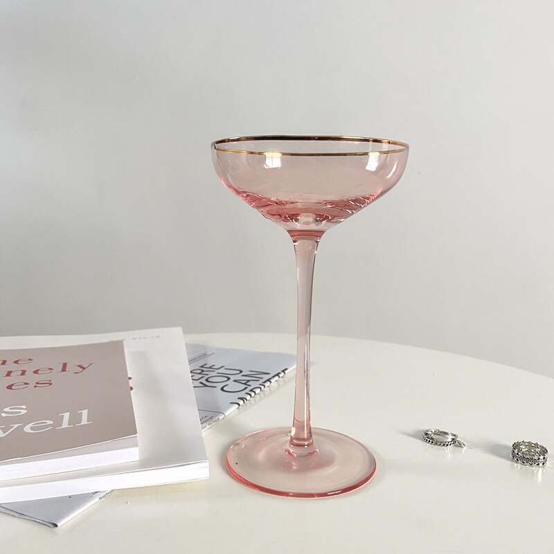Gylden kant cocktailglass gjennomsiktig høy-slutt hvitvinsglass krystall dessertglass festglass spesiell champagneglassbeger: Rosa