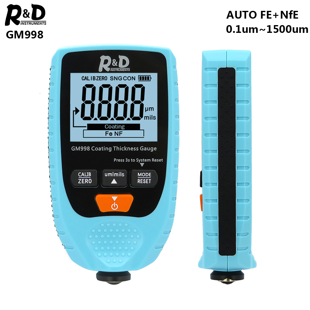 R & D GM998 gris voiture peinture revêtement jauge d'épaisseur galvanoplastie métal revêtement testeur d'épaisseur mètre 0-1500um Fe & NFe sonde: Blue