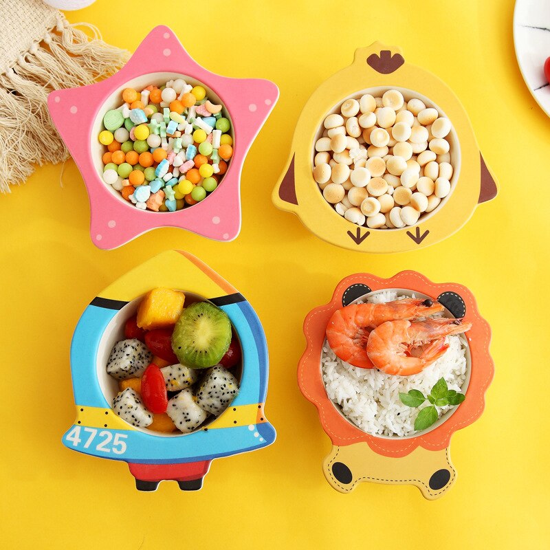 Baby Kids Natural Bamboo Fiber Toddler Children Plates Bowls Cute Animal Baby Infant Portable Cartoon Feeding Dishes Tableware