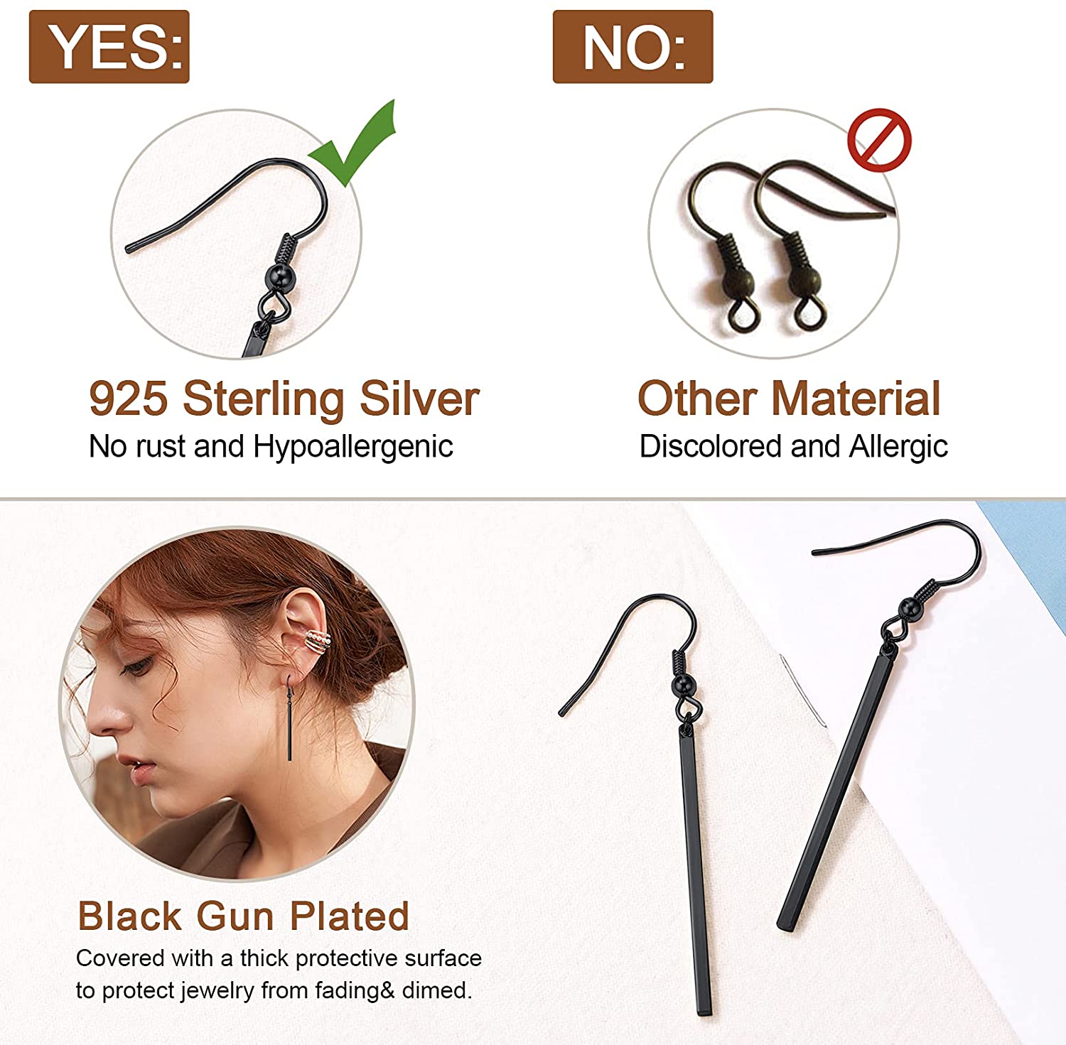 U7 Vertical Bar Earrings for Man Women Hypoallergenic Piercing Hook Hoop Bar Stripe Dangle Earring Daily Stylish Jewelry