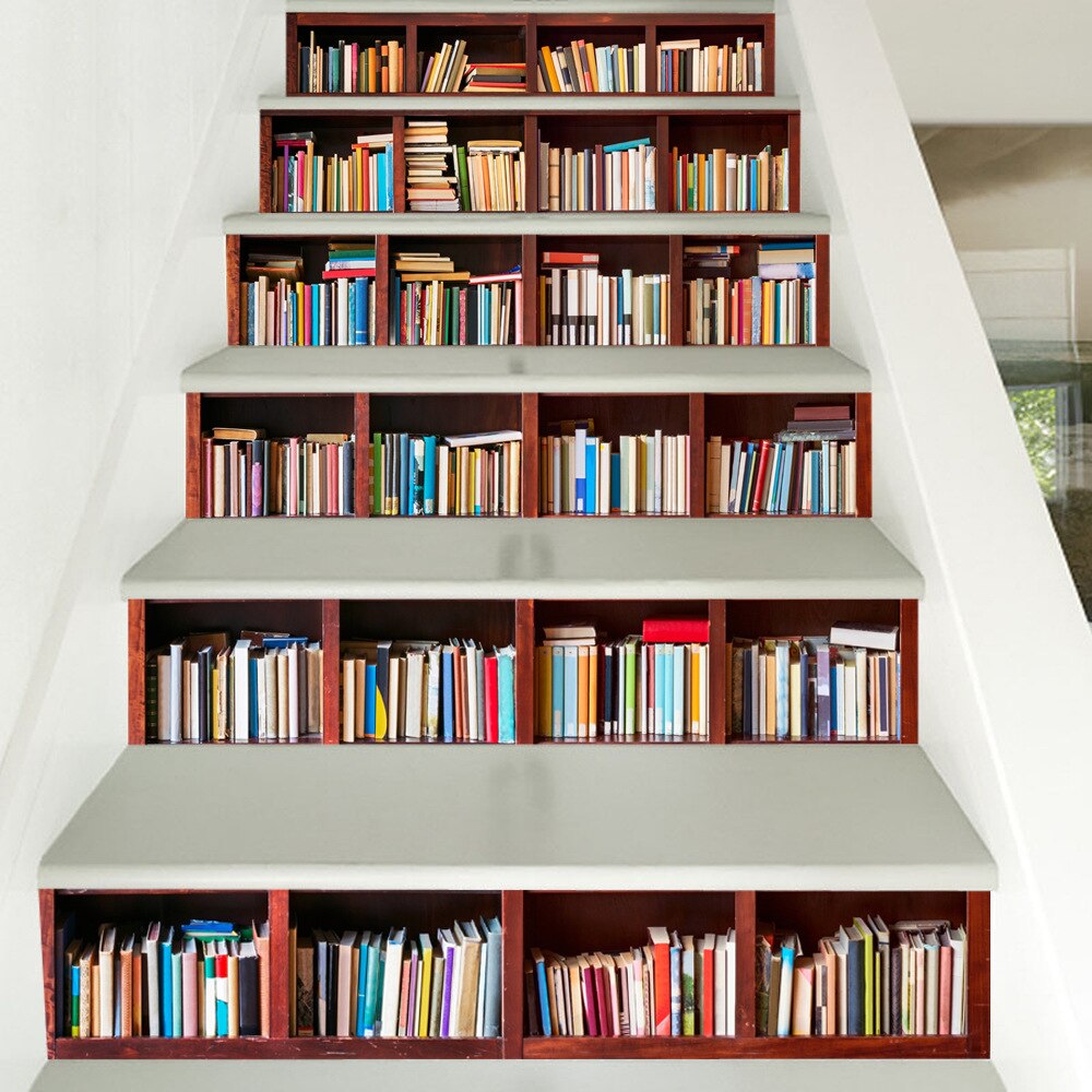 6 teile/satz Bibliothek Treppen Aufkleber Bücherregal Stairscase Dekoration Tapete Selbst Klebe Bücherregal DIY Fliesen Decals Für Lustige Leben
