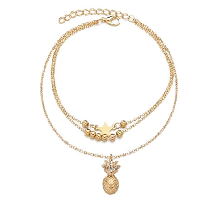 Ananas Anhänger Fußkettchen Böhmischen Perlen Knöchel Kette Sommer Strand Fuß Schmuck Stil Fußkettchen für Frauen: Gold