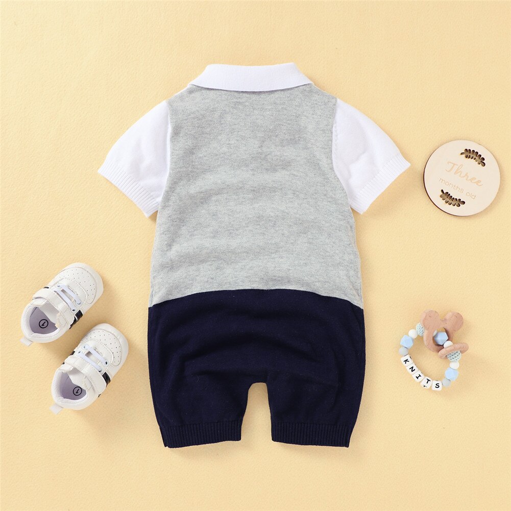 Infant Baby Boys Bow Tie Retro Romper Cotton Short Sleeve Button-Down Folded Patchwork Knitted Patchwork British Style Jumpsuit