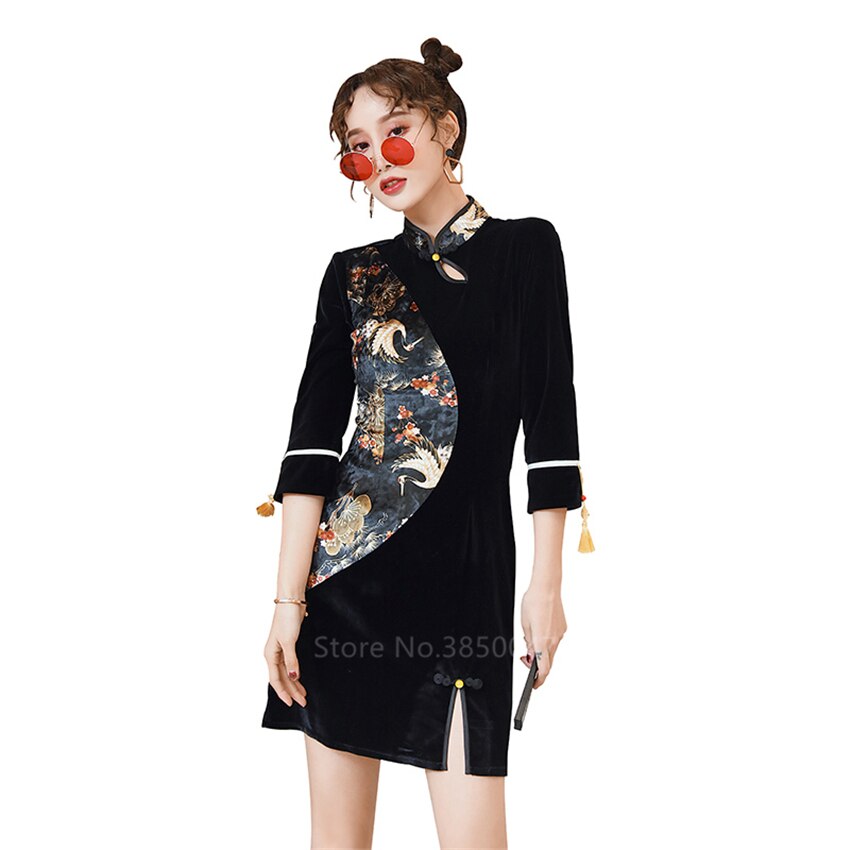 dame svart fløyel cheongsam kjole kran splitt kort qipao retro kinesisk stil tradisjonelle klær festkjole: Xl