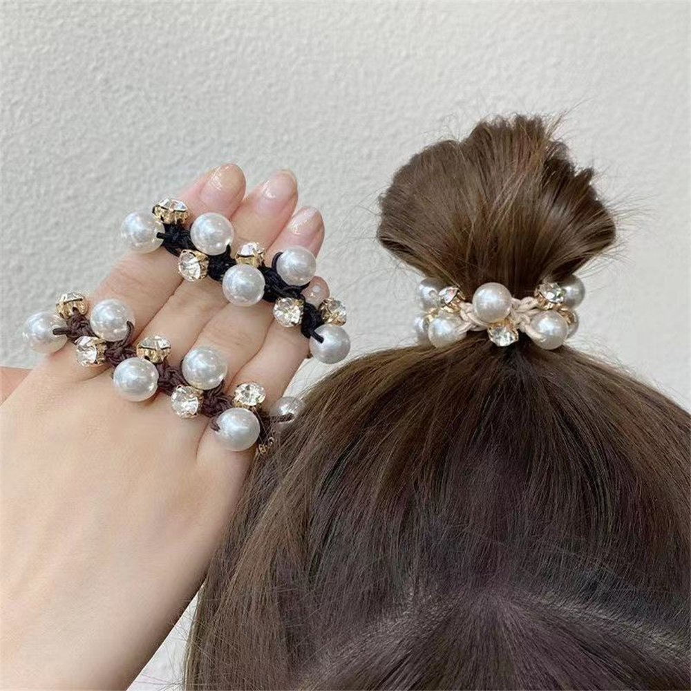 Anillo de pelo de perla para mujer, tocado de intestino de perla de terciopelo negro, diamantes de imitación brillantes para niña, accesorios para el cabello