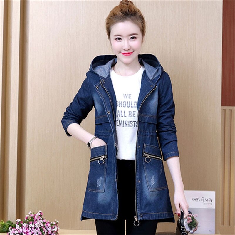 Plus size denim trenchcoat hette løst yttertøy for kvinner langermet middels lang kvinnefrakk  qw038