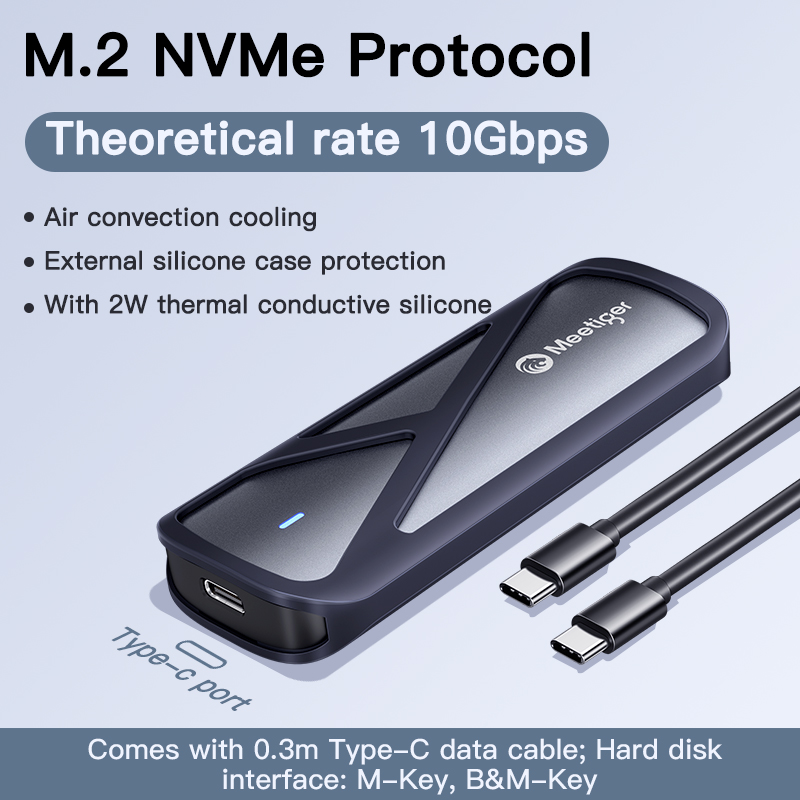 Meetiger M.2 NVMe SSD Enclosure 5/10Gbps PCIe External Case for M.2 NVMe NGFF SATA SSD adapter Tool Free Built-in Cooling Vest: WHITE