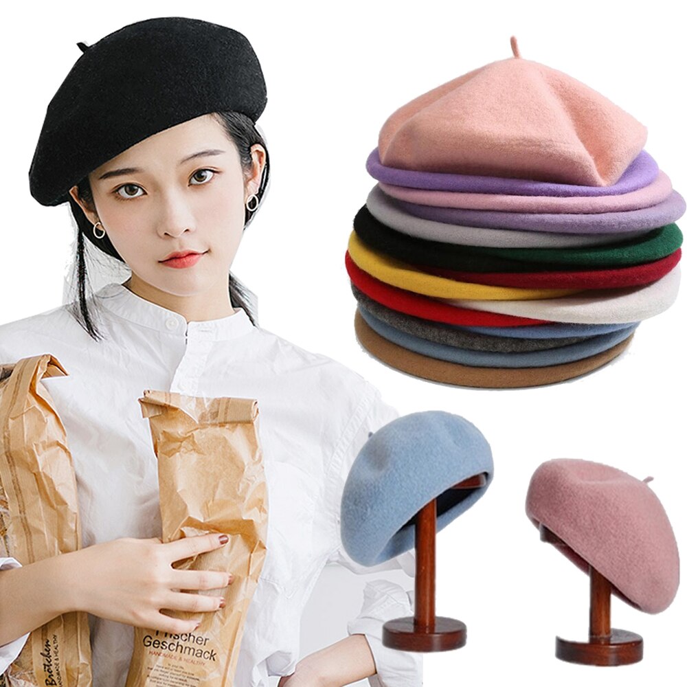 Women Girl Beret French Artist Warm Wool Winter Beanie Hat Cap Vintage Plain Beret Hats Solid Color Lady Winter Caps