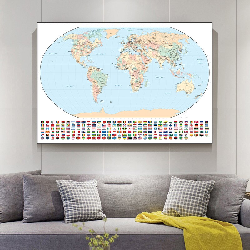 150X100Cm Regelmatige Wereldkaart Met Nationale Vlaggen Niet-geweven Canvas Schilderij Muur Sticker Poster Voor onderwijs Home Decor