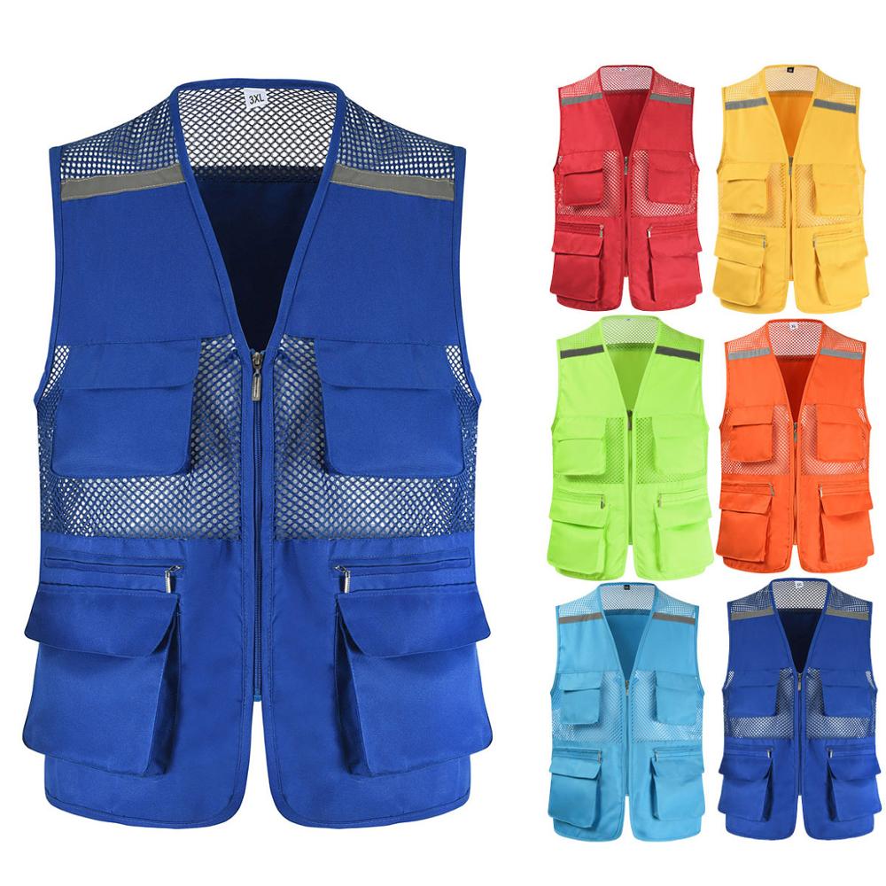 Blue Work Vest For Men With Pockets and Reflective Stripes Breathable Photography Vest